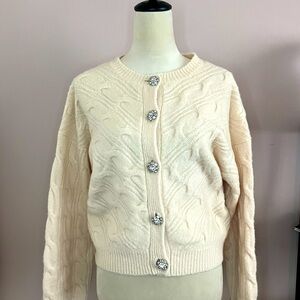 J Crew Cream Wool Cardigan with faux diamonds